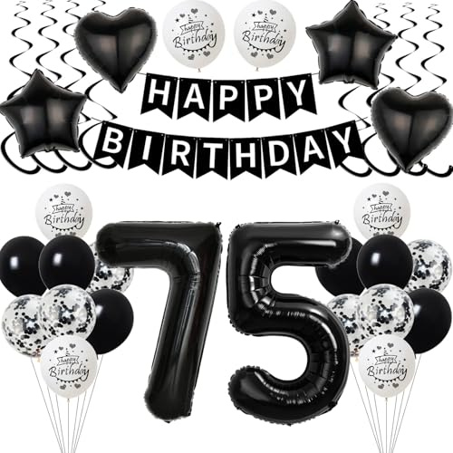 Schwarz Luftballon 75. Geburtstag Dekoration Mann Frauen，deko 75 Jahre Geburtstag Mann,Geburtstagsdeko 75 Jahre Frauen Folienballon 75. Ballon 75. Männer Schwarz