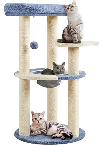Abician Arbre à Chat Thème Océan, Tour de Jeu pour Chats avec 4 Poteaux en Sisal, Plateforme, Niche et Balle Suspendue Hauteur de 90cm, Bleu/Beige