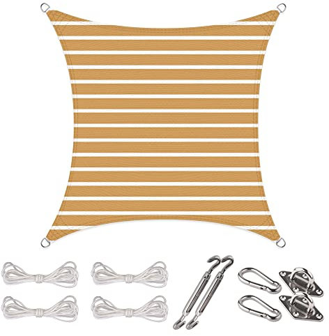 CelinaSun Sonnensegel Set Befestigung V2A Basic HDPE Quadrat 2 x 2 m Streifen sandbeige weiß Sonnenschutz atmungsaktiv