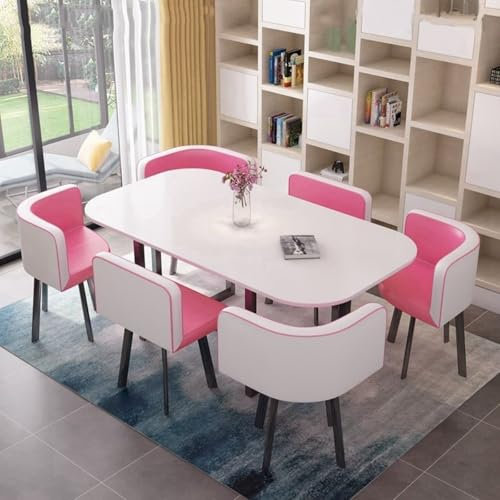 MAxba Esszimmergrupp Esstisch mit 6 Stühlen Set Küchentisch Konferenztisch Freizeit Couchtisch Set,Besprechungstisch Tischplatte aus Holz (Color : Pink 1)
