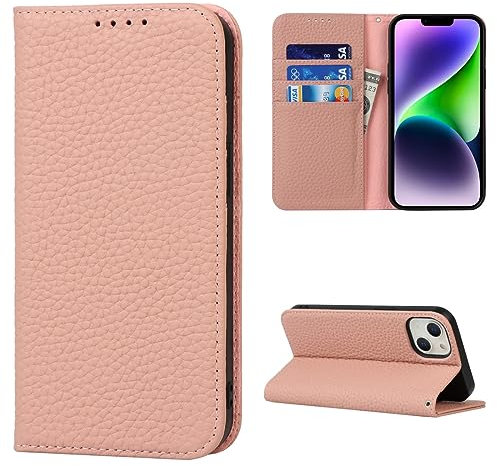 Cavor iPhone 14 Plus Case,Flip Genuine Leather Wallet Case,[4 Card Holders][Magnetic Closure][With Lanyard],Plustective Phone Cover Case for iPhone 14 Plus - Pink
