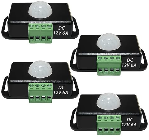 4 PCS Commutateur de Capteur de Mouvement, 12 V 24 V 6A Réglable Temporisation Détecteur de Mouvement a Infrarouge, Détecteur de Mouvement Lumière DC LED pour Placard Cuisine Escalier