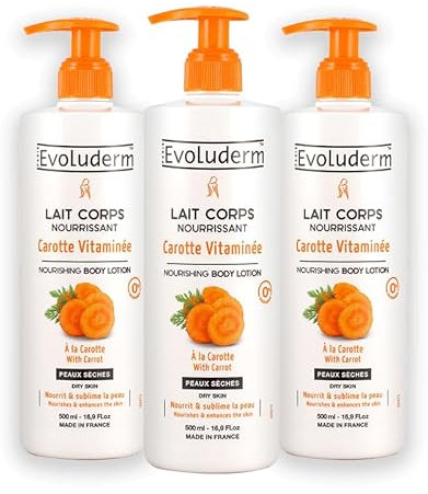 EVOLUDERM - Lait Corps Nourrissant Carotte Vitaminée - 500 ml - Ingrédients d'Origine Naturelle - Végan - Fabrication Française - Lot de 3 x 500 ml