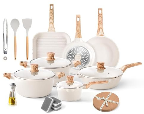 Caannasweis 20Pcs Cookware Sets, Nonstick Pots and Pans Set, Granite Induction Cookware, Non Stick Kitchen Cooking Set, Grayish White Grill Pan Set, PFOS PFOA Free