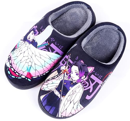 WANHONGYUE Anime Demon Slayer Kochou Shinobu Slippers Women Men Fuzzy House Slippers with Rubber Sole Winter Warm Indoor Outdoor Anti-slip Shoes