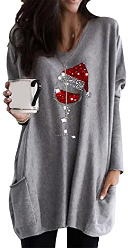 OMZIN Damen Frohe Weihnachten Urlaub Langarmshirts Lose Rundhalsausschnitt Pullover Sweatshirt Mit Taschen Hellgrau 3XL