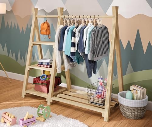 Bellabino Ryck Kleiderstange für Kinder – Kleiderständer aus Massivholz in Natur mit 4 Ablageflächen – Montessori Kindergarderobe für Jungen & Mädchen – Garderobe mit Schuhablage für Kinderzimmer