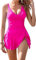 Kate Kasin Damen Vintage V Ausschnitt High Waist Bauchweg Einteiler Badeanzüge mit Brustpolstern Rose Rot S
