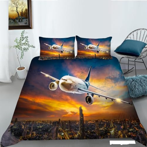 CTQTZ Flugzeug Bettwäsche-Set für Kinder: 135x200 cm, 1x Bettbezug, 1x Kissenbezug 80x80 cm, Fliegende weiße Flugzeuge, 2 Stück, 750 Gramm, Unisex, Modern, Textilien