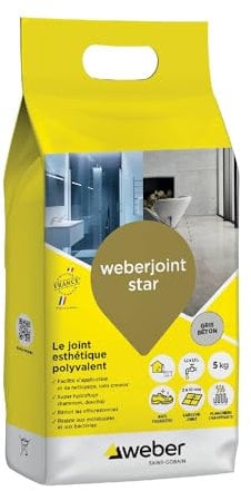 Weber Mortier joint carrelage décoratif hydrofugé, spécial intérieur et extérieur, largeur 2 à 10mm, 5kg, gris beton, WEBERJOINT STAR