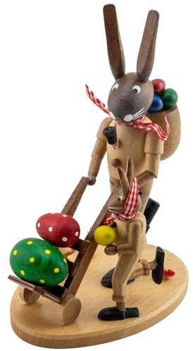 Seiffener Volkskunst Gebr. Kluge | Erzgebirge Osterhase Hase mit Eierkarre | Traditionelle Osterdekoration Osterschmuck Ostern | 17 cm | Natur