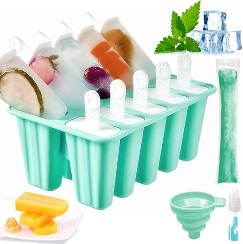 Moule à Glace, Moule Silicone Glace pour Adultes et Enfants, Réutilisables Popsicle Mold, Moule Glace à l'eau avec Pinceau de Nettoyage et Entonnoir de Pliage (Vert, 10 Cavités)
