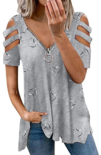 HOOUDO Frauen Lässige Herzdruck V-Ausschnitt Reißverschluss Kurze Ärmel Riemen Kalte Schulter Hemdbluse Lose Tunika Top Grüne Bluse Damen Elegant