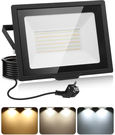 Litglobe 100W LED Strahler Außen mit Stecker & 1.5M Kabel,3000K/4500K/6500K LED Scheinwerfer mit Speicherfunktion,10000LM IP66 Wasserdicht Fluter Flutlichtstrahler für Hof Garten Garage Sportplatz