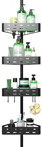 Cooeco 4-Tier Telescopic Shower Caddy, Adjustable Corner Storage Organizer No Drill, Rustproof Shelf with Hooks for Bathroom, Height Adjustable 63.5-290 cm