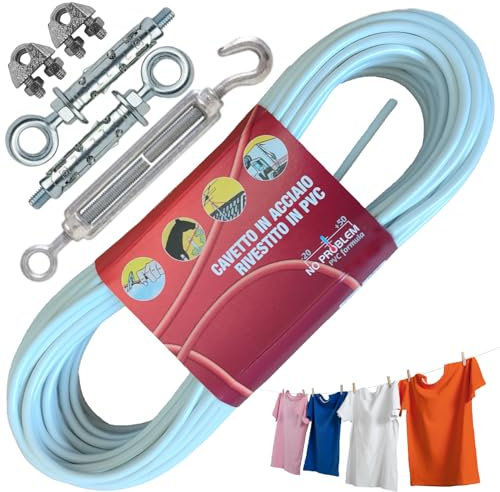 parpyon® Filo per stendere il bucato da esterno d.4,5mm Resistente filo stendibiancheria per esterno Made in Italy Cavetto in Acciaio rivestito (Filo+Kit a Muro, 10MT)