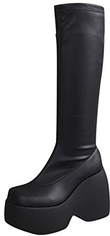 Generico Stivaletti Donna Impermeabili Stivali Gambale Xxl Autunno E Inverno Donna Stivali Alti Al Ginocchio Fondo Spesso Super Tacchi Alti Tacchi Grossi Solido Stivali Gambale Largo Donna (Black, 41)