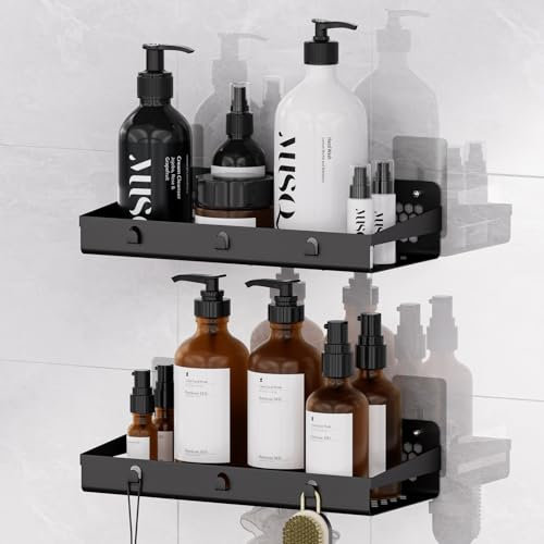 changshengda Duschablage Ohne Bohren - 2 Pack No Drill Bathroom Shower Organizers, Duschregale mit Haken, wandmontierte Duschhalterung (Schwarz)