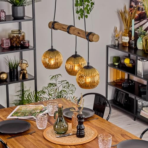 HOFSTEIN Pendelleuchte Ripoll, Hängelampe aus Metall/Holz/Riffelglas in Schwarz/Natur/Goldfarben, moderne Hängeleuchte Retro/Boho mit Glasschirmen und Holzbalken, E27, Esszimmer, Wohnzimmer, Küche