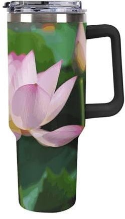 KLWQR 40 Oz Tumbler with Handle And Straw Lid Stainless Steel Insulated Coffee Cup Leakproof Travel Mug Lotus Water Bottle, Car Cup Holder Friendly,Gifts for Women Men