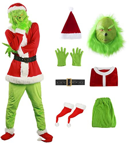 bi bi hou Grinch Kostüm mit Mask Zubehör Weihnachten Grinch Cosplay Kostüm Anime Cosplay Outfit Halloween Karneval Party Bühnenauftritt Kostüm für Erwachsene