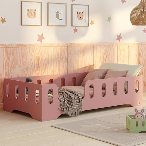 smartwood Lit Enfant 70x140 cm - Lit au Sol Enfant en Bois Naturel avec Barrière de Sécurité et Sommier - Charge Jusqu’à 230 kg - Lits Montessori pour Garçons et Filles - TILA 2L Rose