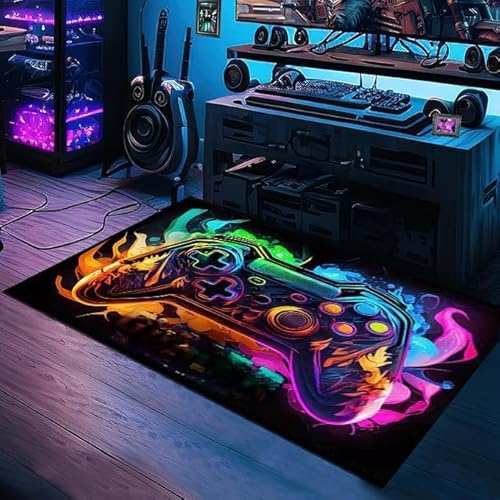 Video Game Rug for Game Enthusiasts - 47x31 Plush Gaming Carpet with Memory Foam, Non-Slip Machine Washable Floor Mat for Bedroom, Game Room & Living Room (Fade-Resistant, Modern Decor)(GM-29)