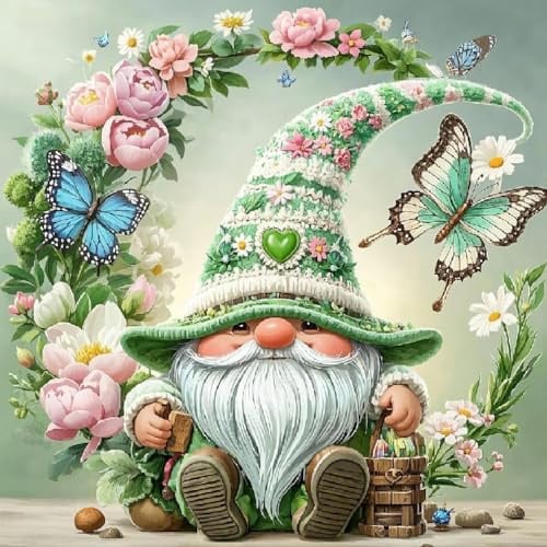 5D Diamond Painting Wichtel, DIY Diamant Painting Gnom mit Schmetterlingen & Blumen, Diamond Painting für Erwachsene Anfänger, DIY Cartoon Runde Steine Diamant Kunst Kits, Zuhause Dekor (30x30cm)