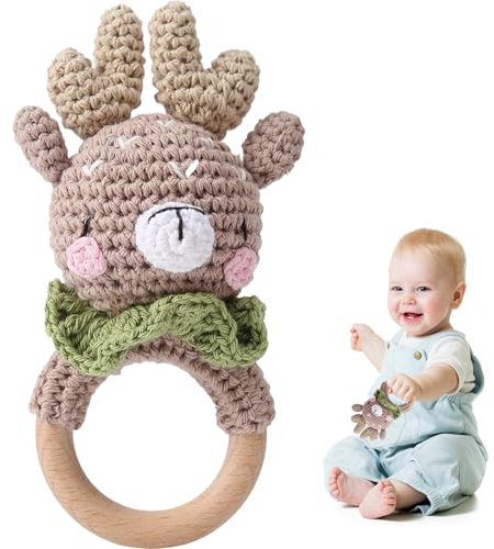 Babyrassel mit Beißring Bio-Holz-Sensorikspielzeug für 0-6 Monate Gehäkeltes Hirsch-Stofftier für Neugeborene/Kleinkinder