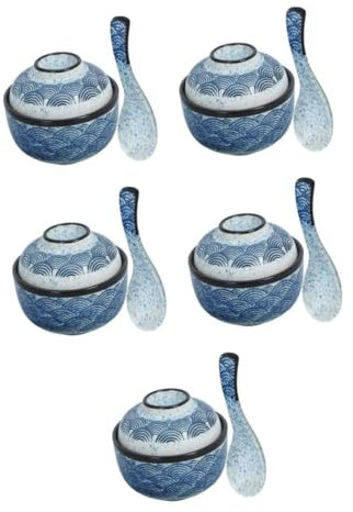 Ceramic Miso Bowl Set with Lids 5 Stoneware Stew Pots for Noodles Soup & Rice Microwavable Small Bowls Perfect for Ramen & Steaming Meals