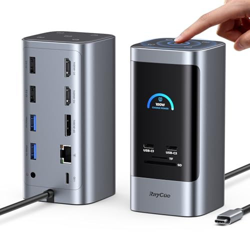 RayCue 15-in-1-Laptop-Dockingstation für 3 Monitore, dreifaches 8K-Display mit 3 HDMI-Anschlüssen, 6 USB-Anschlüssen, 5 Schnellzugriffstasten, Gigabit-Ethernet, PD3.0, Smart Display für Windows/Dell