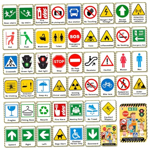 Pesoncarl Traffic Signs for Kids 50 Sheets Double-Sided Traffic Flashcards with Back Explanation Child-friendly Educational Paper Flash Cards for Home, Preschool Party Favour