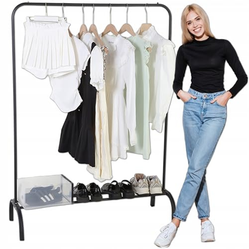 KRUMAD Kleiderständer Stabil mit Schuhregal – 149x110x40,5 cm, Schwarz – Freistehender Garderobenständer aus Metall, mit 1 Schuhregal – Für Flur, Garderobe, Schlafzimmer und Büro