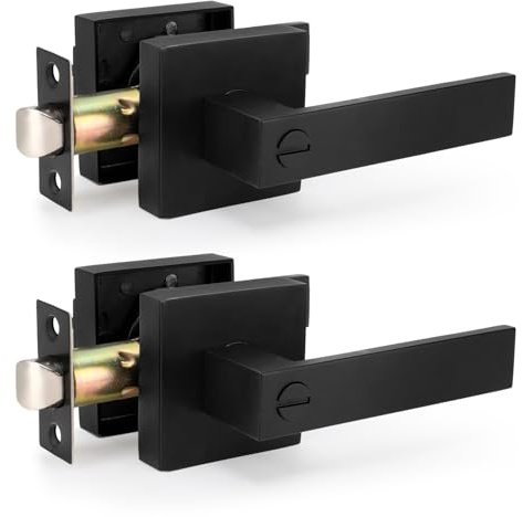 MEKOTRIN 1 Pack Door Lever Handle Lock, Keyless Interior Door Handle Set | Square Entry Door Handle Set for Bedroom Office Aluminum Alloy Matte Black Door Knob Left or Right Handing
