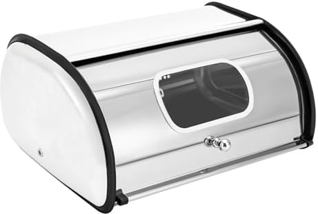 HIUOUIH Boîte à Pain Métal Blanche avec Fenêtre de Visualisation, Bread Box en Acier Inoxydable à Couvercle Roulant, Boîte de Conservation pour Pain et Viennoiseries