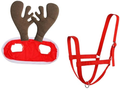 LeeQinersw Weihnachtsmannmütze für Pferd Und Zügel, Kostümpferd, Ohren Zum Überziehen, Weihnachtspferdemütze