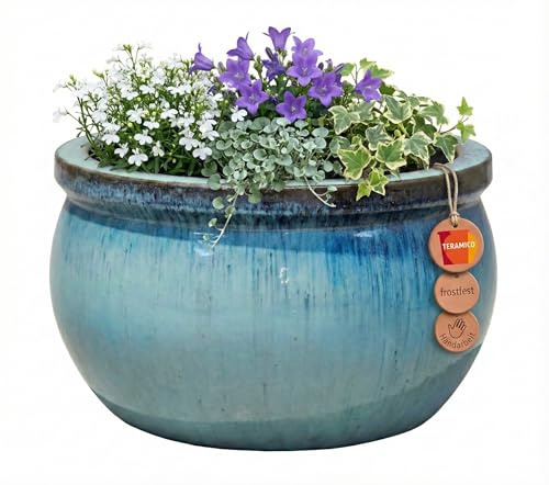 Teramico Pflanzgefäß Steinzeug handgefertigt | Frostsicherer Keramik Blumenkübel mit Abflussloch | Wetterbeständiger Übertopf Größen, ideal für Innen & Außen (Grün, 49cm x 31cm)