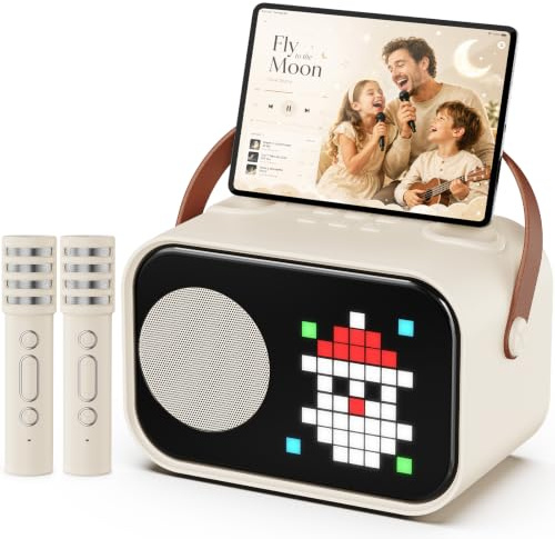JYX Karaoke Adulte Enfant 2 Micro sans Fil, Enceinte Pixel Fun avec écran, Bluetooth 5.3 Portable Professionnelle pour Accompagnement Audio, Machine de Karaoké pour Fête et Voyage, Beige