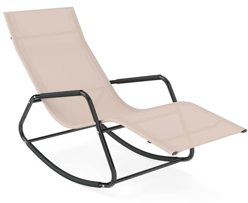 COSTWAY Rocking Sun Lounger, Zero Gravity Recliner Garden Rocking Chair with Armrests, Breathable Fabric, Metal Frame Outdoor Reclining Chaise Lounge Chair for Patio, Balcony, Deck, Poolside (Beige)