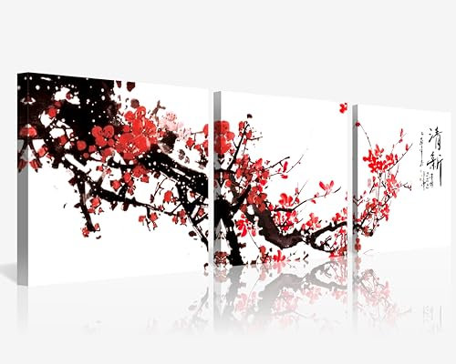 NAN Wind Kleine Größe Traditionelle chinesische Malerei von roten Pflaumenblüten Leinwanddrucke 3 Stück Kalligraphie Kunst Gemälde Wandkunst Gedicht Druck Gemälde Gerahmt 30,5 x 30,5 cm 3 Stück/Set