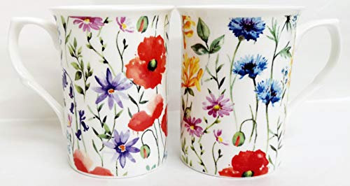 Wildflowers Meadow Mugs Set of 2 Fine Bone China Multi Colour Floral Cups Hand Decorated UK