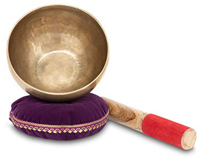 XDrum Omshanti Klangschale 13 cm Komplett Set, Handgemacht in Indien | Material: Messinglegierung, Durchmesser: ca. 13 cm, Gewicht: ca. 500 g, Farbe: gold, Kissen, Runde Form, Durchmesser: 11 cm