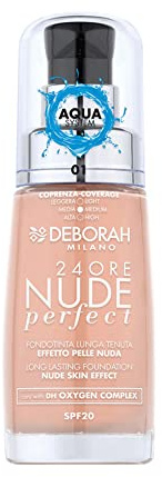 Deborah Milano Foundation Nude Perfect SPF 20, 01 Fair, natürlicher und feuchtigkeitsspendender Effekt, atmungsaktive Formel mit mittlerer Abdeckung, verleiht strahlende und samtige Haut, 30 ml