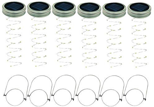 Katigan Solar Mason Jar Lid Lights, 6 Pack 20 Led String Fairy Star Firefly Jar Lids Lights,6 Hangers Included(Jars Not Included), Patio Garden Decor Solar Laterns Table Lights
