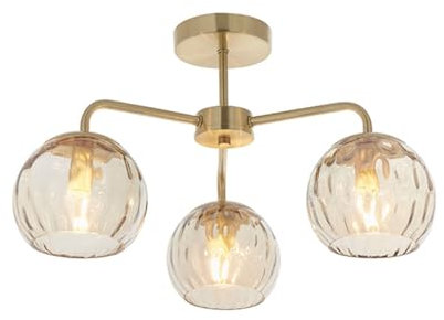 Multi Arm Glass Semi Flush Ceiling Light Satin Brass Plate, Champagne Lustre Glass