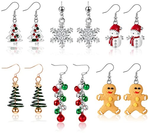 6 Paare Hängende Weihnachten Ohrringe Schneeflocken Weihnachtsohrringe Weihnachtsbaum Ohrringe Neuartige Lustige Weihnachten Ohrhänger für Damen Mädchen Schmuck (Süß)