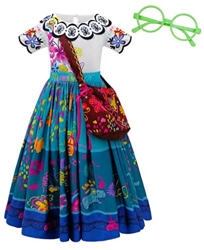 Lito Angels Encanto Mirabel Kleid Kostüm Verkleidung mit Tasche und Brille Grün für Kinder Mädchen Größe 4-5 Jahre 110 (Tag-Nummer 120)