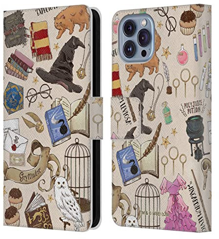 Head Case Designs Officially Licensed Harry Potter Hogwarts Pattern Deathly Hallows XXXVII Leather Wallet Case Compatible With Apple iPhone 14
