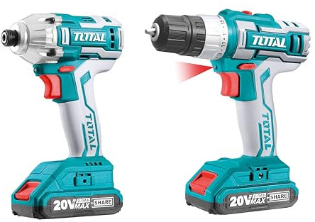 TOTAL - Confezione Trapano Avvitatore e Avvitatore a Batteria P20S da 20V | 15 Posizioni di Avvitamento | 170 Nm Massimo | 2 Batterie 2 Ah, Caricabatterie e Borsa
