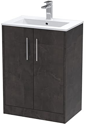 Hudson Reed JNU2603B Juno Floor Standing 2 Door Vanity Unit & Minimalist Ceramic Basin, 600mm, Matt Metallic Slate
